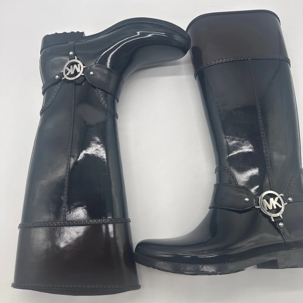 MICHAEL KORS Tall Black Brown Rain Boots with Silver MK Logo, Size 8
